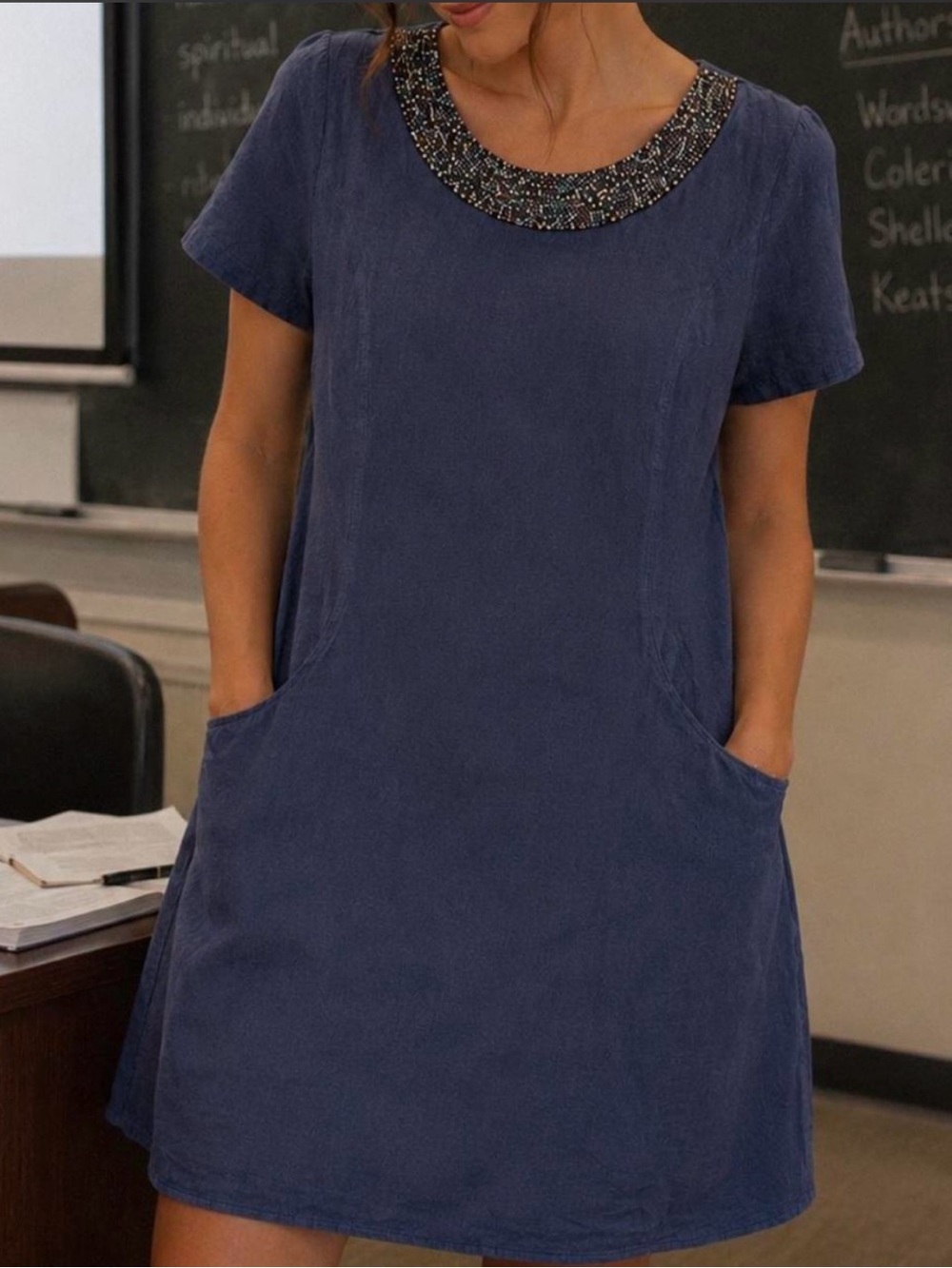Lina Tomei Beaded Collar Short Sleeve Linen Navy Gray Dress